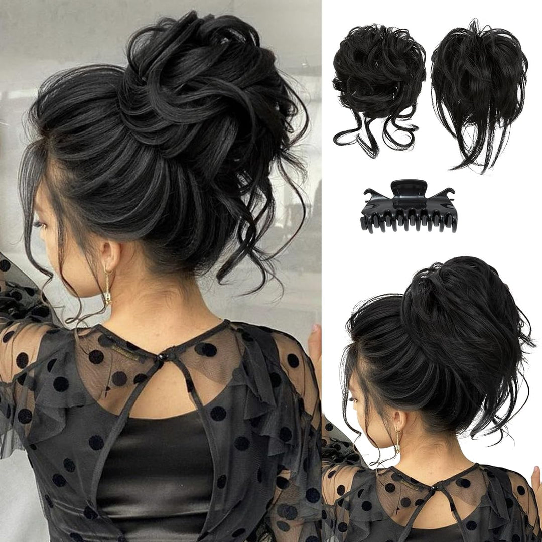 SARLA 2PCS Black Messy Bun Hair Pieces for Women Detachable Claw Clip Wavy Curly Synthetic Hairpieces for Updos with Tendrils Fake Scrunchies Ponytail Extension