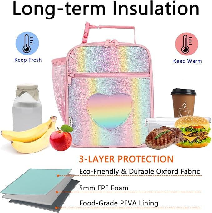 Lunch Box for Kids Boys Girls Men Women, Insulated Small Soft Cooler Lunch Bag Kit for School Work Picnic Travel - Reusable Portable lunchbox,Rainbow Heart