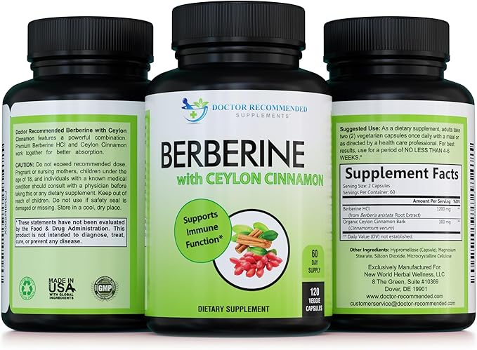 Berberine with Ceylon Cinnamon - 1200mg Berberine & 100mg Organic Ceylon Cinnamon - 120 Veggie Capsules, Healthy Immune System Cardiovascular Heart & Gastrointestinal Wellness (Pack of 2)