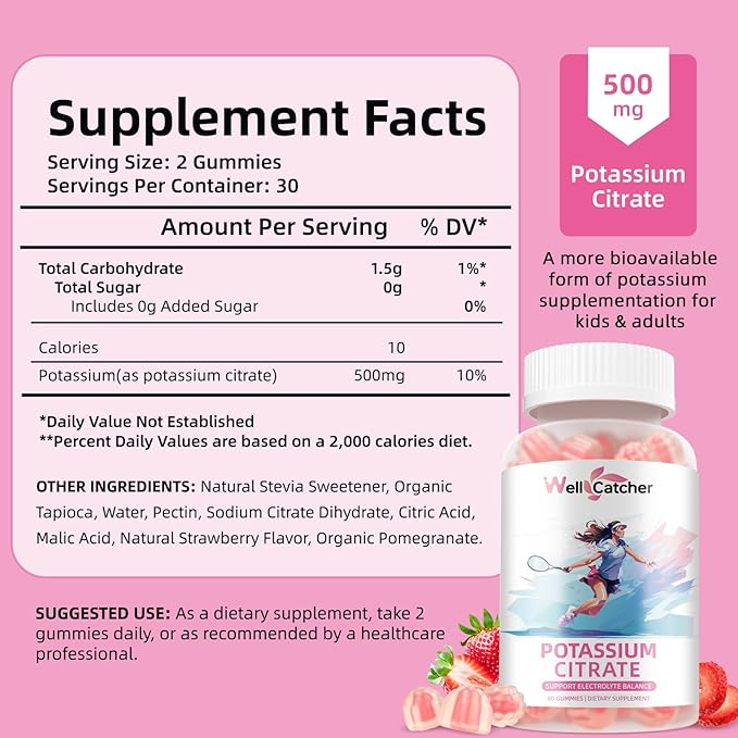 Potassium Citrate Gummies for Adults Men Women - High Potassium Supplement 500 MG Sugar Free Support Electrolyte Balance Leg Cramps Vegan Non-GMO Organic Strawberry Flavor 2 Packs
