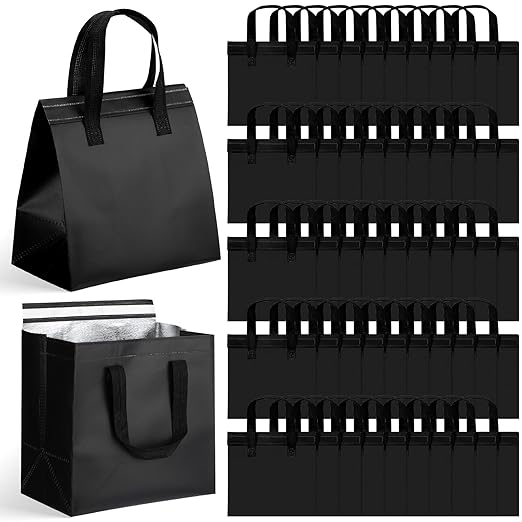 50 Pcs Insulated Take Away Bags Bulk Thermal Insulation Food for Coffee Milk Tea Hot Cold Food Fresh Seafood Cooler Pizza Delivery Bags for Catering Restaurant Grocery (Black)