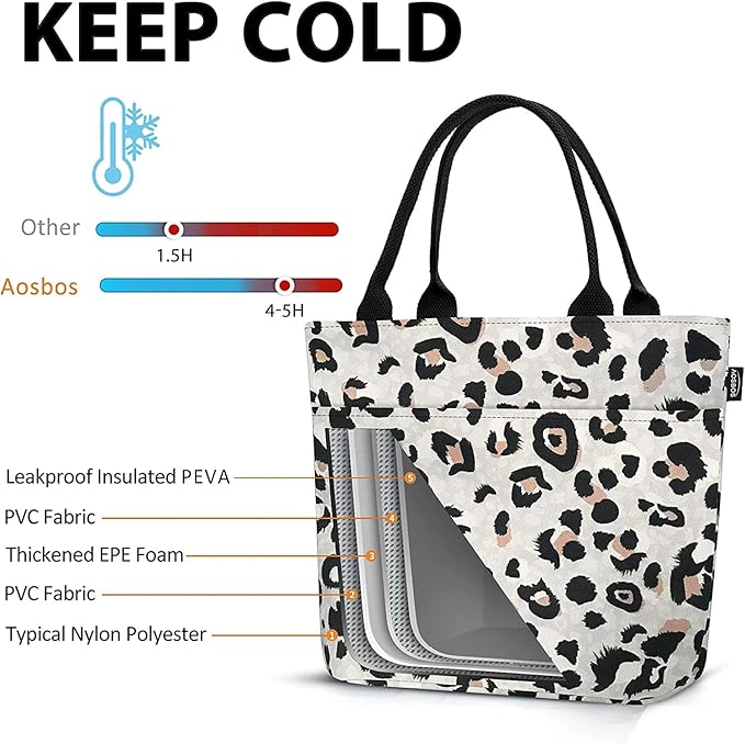 Aosbos Leopard Lunch Bag Women Lunch Bags for Adult Lunch Box for Women Leakproof Insulated Lunch Box Lunch Tote Bag Lunch Cooler Bags, Loncheras Para Mujer, Leopard Print