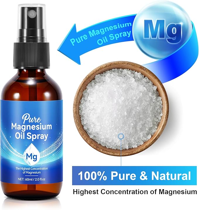 Pure Magnesium Oil Spray, Organic Topical Magnesium Spray Glass Bottle, Easy to Absortion, Easy to Use, 2 fl oz