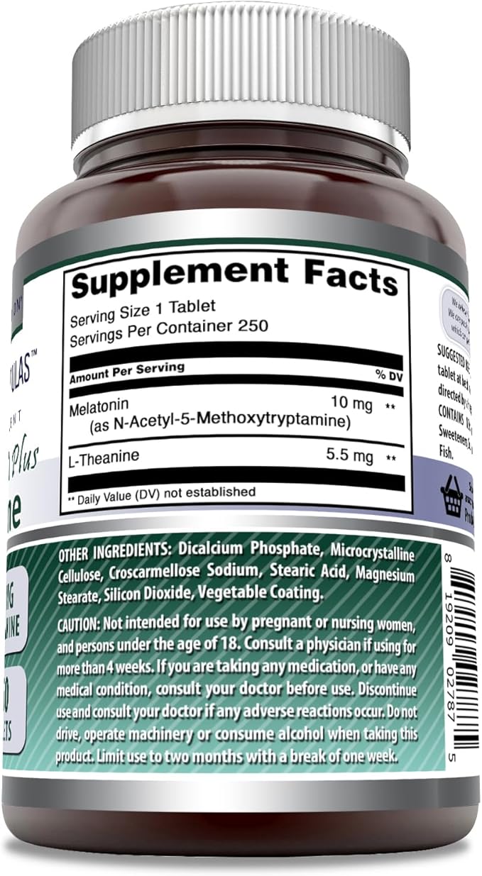 Amazing Formulas Melatonin Plus L-Theanine 10 mg Tablets Supplement | Non-GMO | Gluten Free | Made in USA (10 mg, 250, Count)