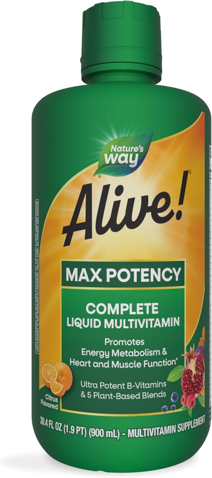 Nature's Way Alive! Max Potency Complete Liquid Multivitamin for Women and Men, Antioxidants Beta Carotene, Vitamins C & E, and Food-Based Blends, Citrus Flavored, 30.4 Fl Oz