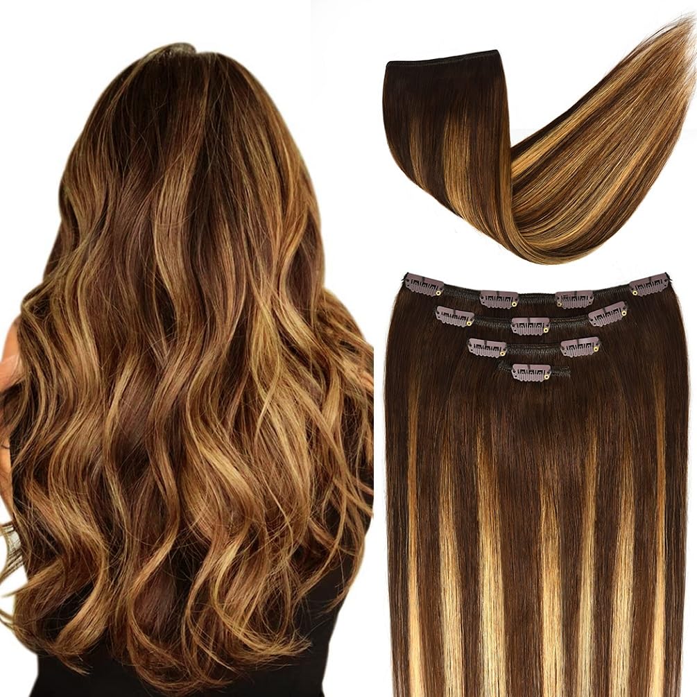 14'' Clip In Hair Extensions Balayage Human Hair For Women - 4Pieces Silky Straight Chocolate Brown To Honey Blonde Highlight Br