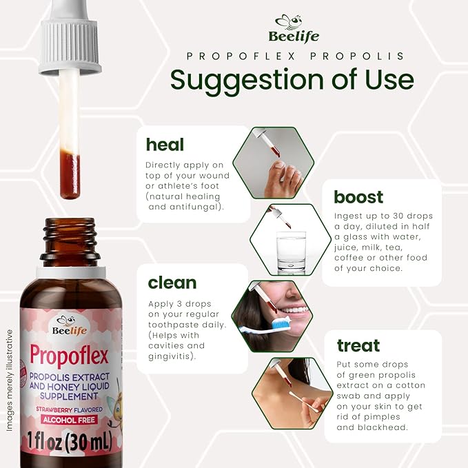 Beelife Propoflex Green Propolis Extract for Kids - No Alcohol Bee Propolis Tincture, High Artepillin-C Levels - Natural Antioxidant-Rich Liquid Supplement - Strawberry Flavor, Made in Brazil, 30ml