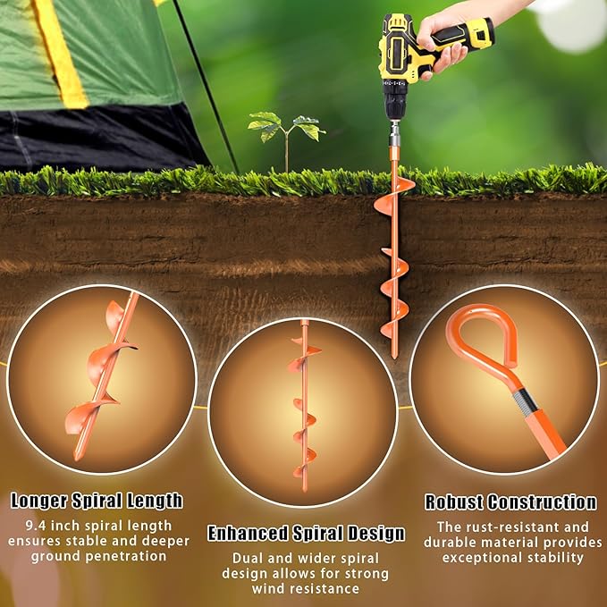 15 Inch Ground Anchors Screw in, 6 Pack Heavy Duty Tent Stakes with T Handle Hex Wrench and Power Nut Driver, Upgraded Metal Trampoline Stake Spiral Anchor Kit for Camping Tent, Swing Set, Canopy