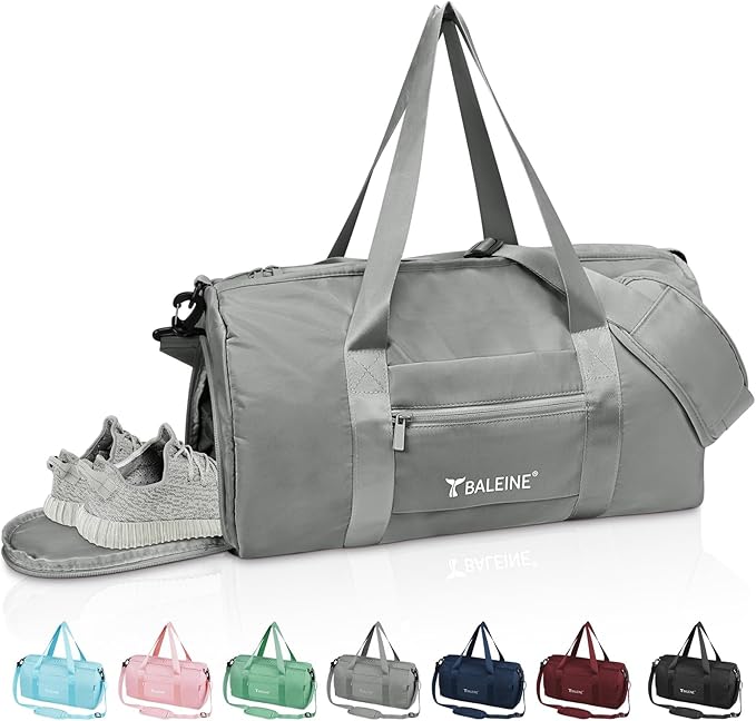 BALEINE Gym Bag for Women and Men, Duffel Bag for Sports, Gyms and Weekend Getaway, Waterproof Dufflebag with Shoe and Wet Clothes Compartments, Lightweight Carryon Gymbag (Silver)