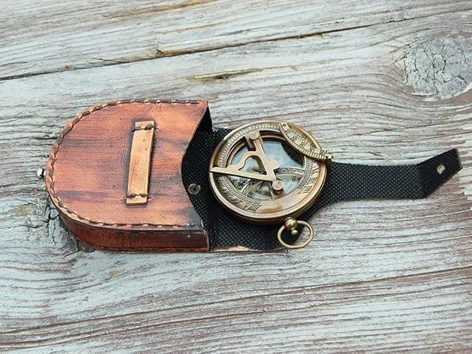 RII Antique Nautical Directional Magnetic Sundial Brass Compass, Antique Decor Birthday Gifts for Men, Astrolabe Gift for Him, Baptism Gifts with Engraved Quotes, Sun dial in Leather Case