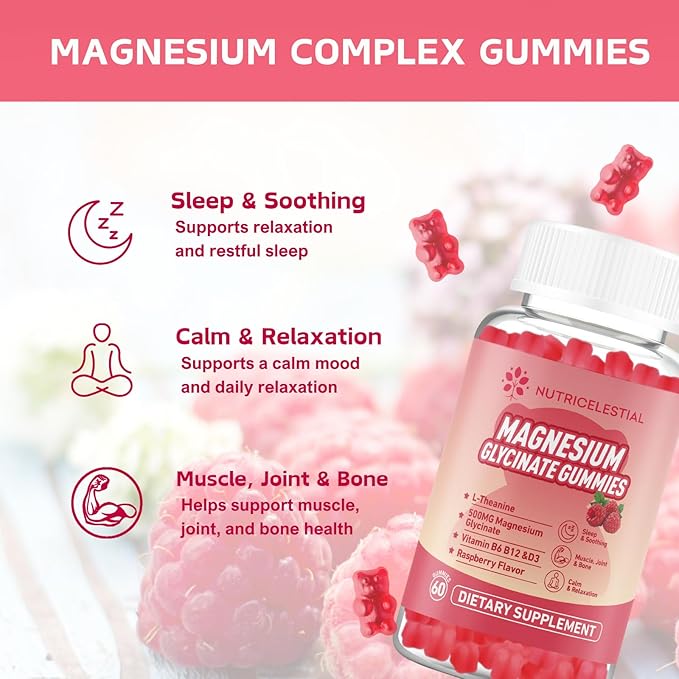 Magnesium Glycinate Gummies 500mg, High Absorption Magnesium Supplement, Suitable for Adults, Sugar-Free, Gelatin-Free, Vegan Friendly, Non-GMO, 60 Raspberry-Flavored Gummies