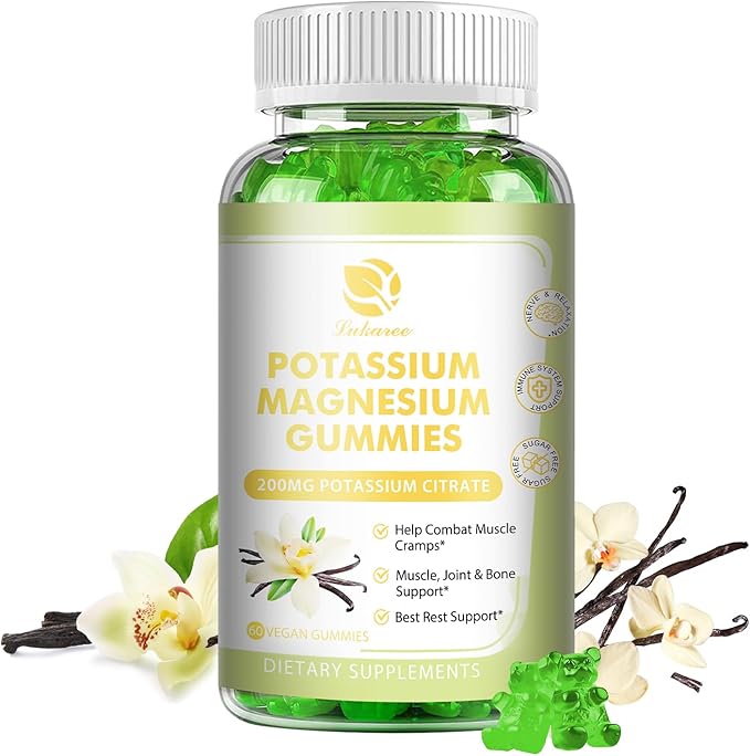Potassium Magnesium Gummies - High Absorption Magnesium Glycinate & Potassium Citrate 200mg Plus Omega 3, B6, D3, K2 & Calcium - Chewable Gummy for Leg Cramps, Immunity & Energy - 60 Count