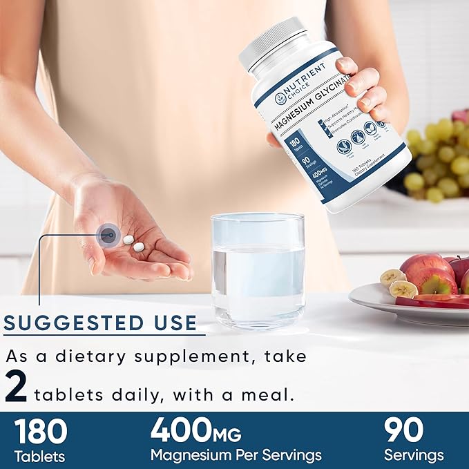400 mg Magnesium Glycinate 180 Tablets Non Buffered High Absorption Non-GMO Promotes Cardiovascular Health Supplement for Stress Relief, Sleep, Heart Health, Ease Muscles, Calm Headaches, Nerves
