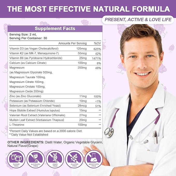 Magnesium Glycinate Liquid Drops - 1000mg 5-in-1 High Absorption Liquid Magnesium Complex with D3/K2/B6 | Fast-Acting, Bone, Muscle & Sleep | Sugar-Free Grape Flavor, 2fl Oz 2 Pack