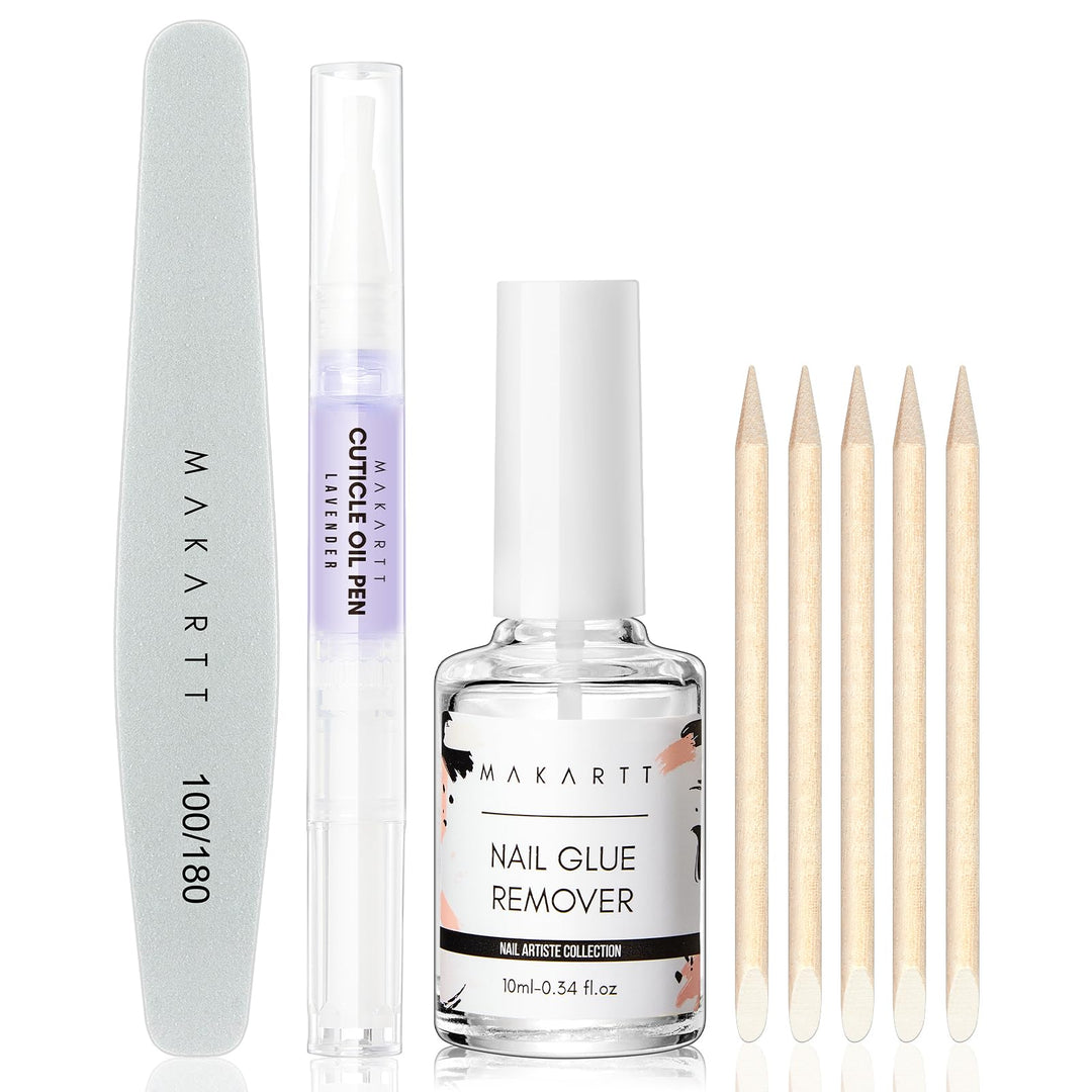 Makartt Nail Glue Remover Kit, For Press On Nails, 10Ml Glue Off, 100/180 Grit Nail File Buffer, 5Ml Cuticle Oil, All In One Pre