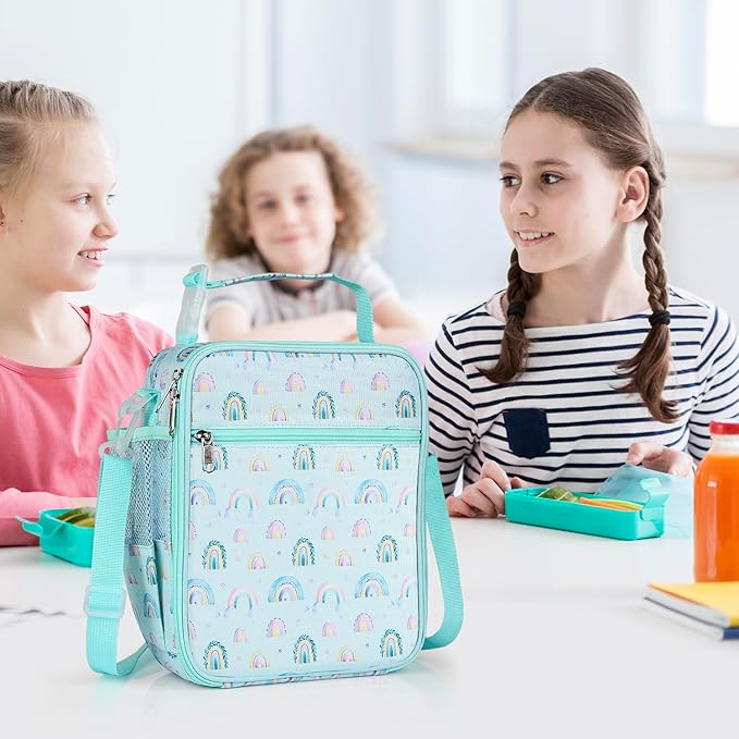 Kids Insulated Lunch Box Bag, Thermal Picnic Cool Bags with Adjustable Strap for Adults Children Women Men Boys Girls School Work (LakegreenRainbow)