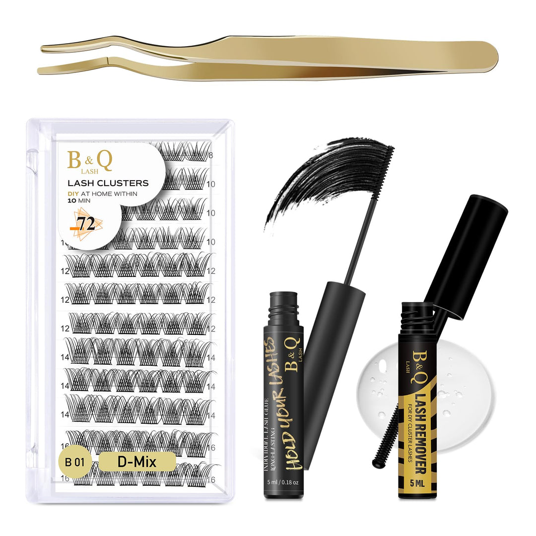 B&Qaugen Lash Cluster Kit B01 D Curl Lash Clusters Individual Eyelashes Cluster at Home False Eyelashes with Applicator Lashes Adhesive Glue Bond & Remover Set-B01