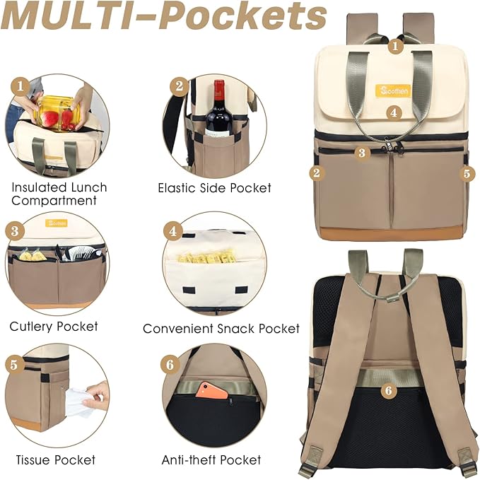 Backpack Cooler with Double Decker & 12 Ice Packs- Keeps 36 Cans Cold for Up to 24 Hours- Waterproof & Leak Proof Insulated Cooler Backpack- Stylish Cooler Bookbag for Women Travel Work Beach