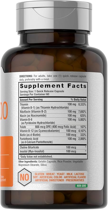 Horbäach Vitamin B-100 Complex | 60 Quick Release Capsules | Non-GMO and Gluten Free Supplement