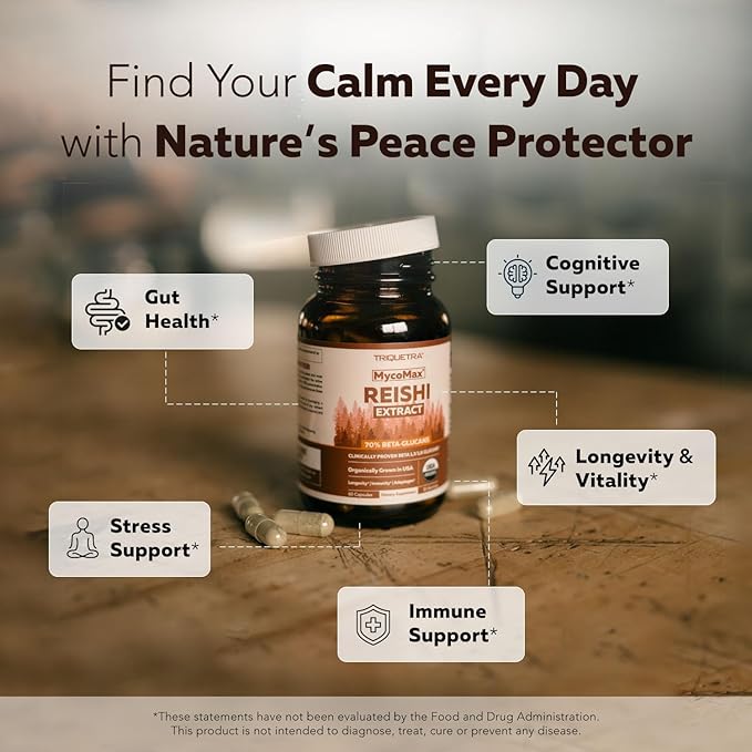 Organic Reishi Mushroom Capsules Extract - 70% Beta Glucans - Highest Active Nutrient Levels, Max Potency, US Grown + Ultrasonic Extraction - Energy, Immunity, Sleep and Stress - 60 Capsules