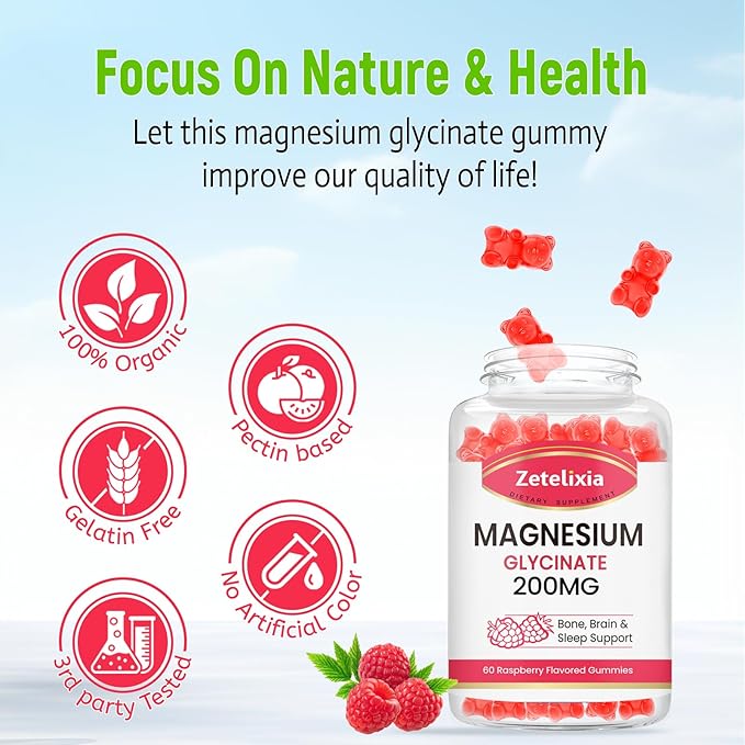 Magnesium Glycinate Gummies, High Absorption Magnesium Glycinate Supplements for Relaxation, Magnesium Chews for Adults and Kids, Raspberry Flavor 120 Count