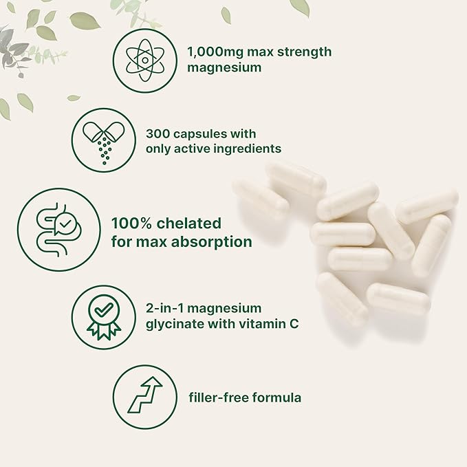 Pure Magnesium Glycinate 1,000mg Per Serving, 300 Capsules | Enhanced with Vitamin C | Only Uses Active Ingredients | Filler Free Supplement | 100% Chelated for Max Absorption