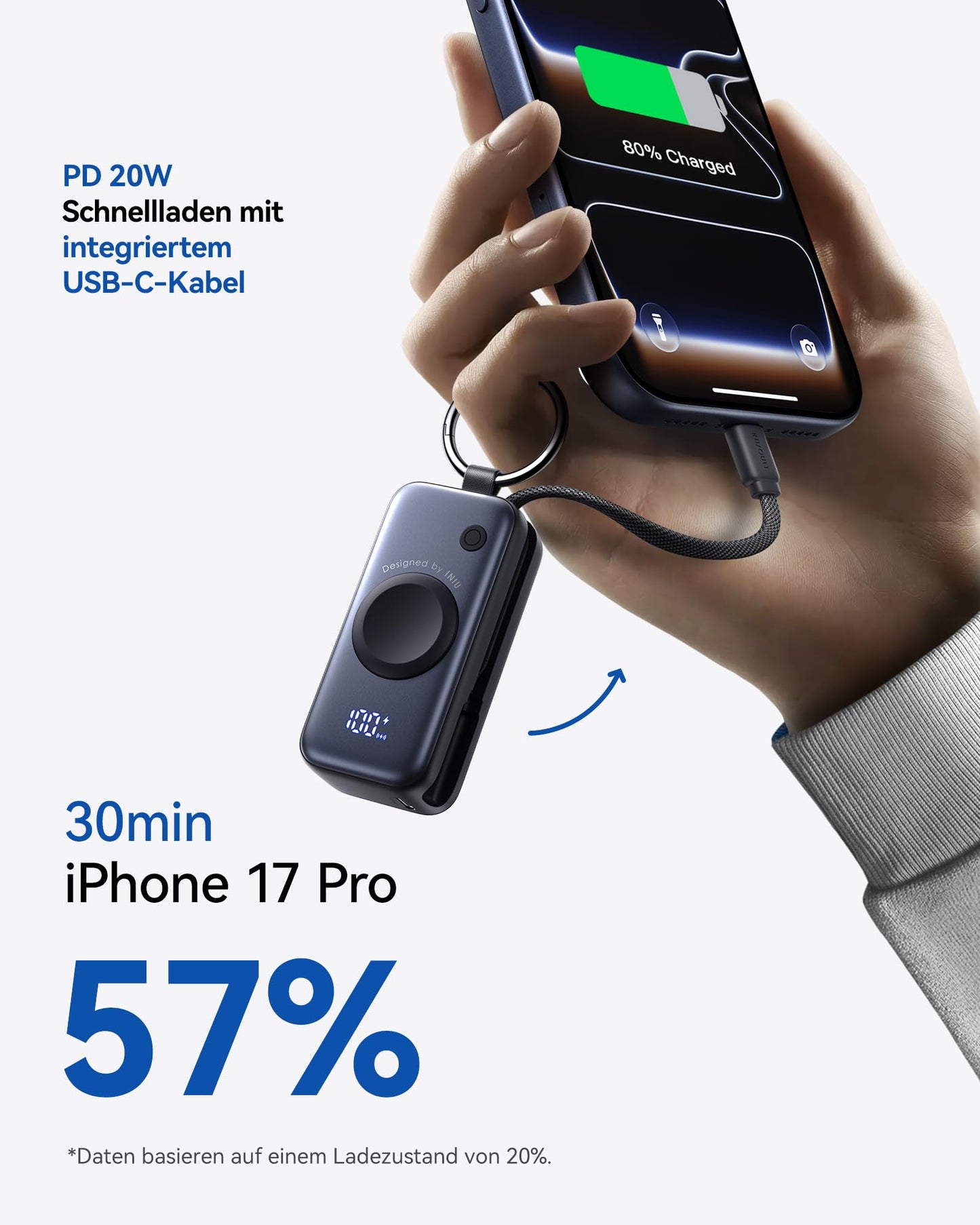 INIU Power Bank, Pocket-Size 20W 5000mAh Portable Charger, Fast Charging Powerbank with Built-in USB C Cable and Keychain, Battery Pack for Apple Watch Ultra 11 10 9 8 7 SE, iPhone 17 16 15 Air, etc.