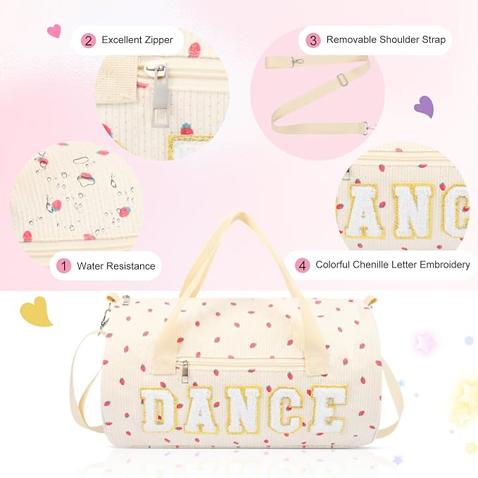 Dance Bag for Girls, KUIRAN 23L Waterproof Travel Duffel Bag with Colorful Chenille Letter, Lightweight Small Gym Sport Ballet Weekender Bag with Large Main Compartment - Strawberry/White