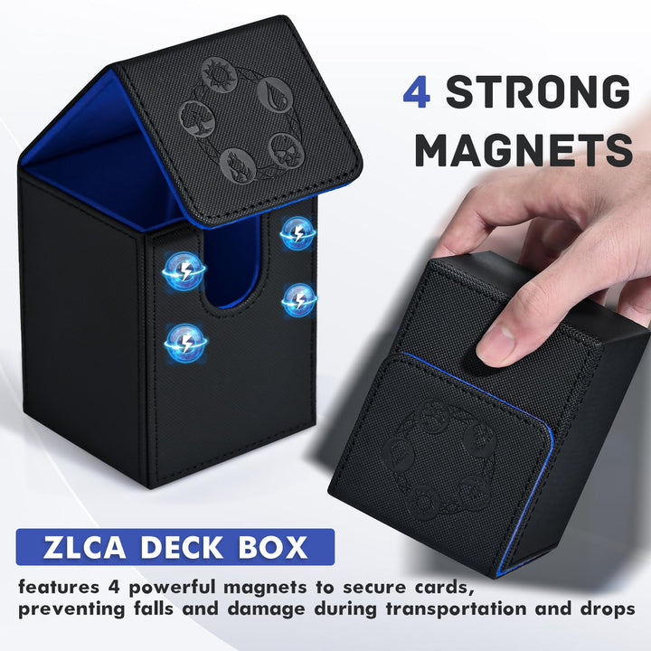 ZLCA Card Deck Box for MTG, Card Storage Box Fits 100+ Single Sleeved Cards, PU Leather Strong Magnet Card Deck Case for Magic Commander TCG Cards (Black& Blue)