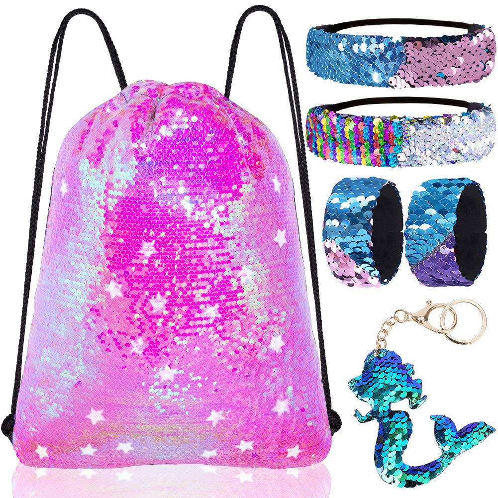 Mermaid Reversible Sequin Drawstring Backpack/Bag Clear Iridescent Sequin+ Pink Star Shape Spotted Fabric for Kids Girls