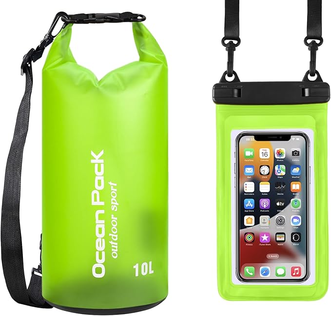 2 Pieces Waterproof Dry Bag for Women and Men, 10L Roll Top Waterproof Backpack Sack with Waterproof Phone Case, for Hiking, Backpacking, Kayaking, Camping, Swimming, Boating(grass green)