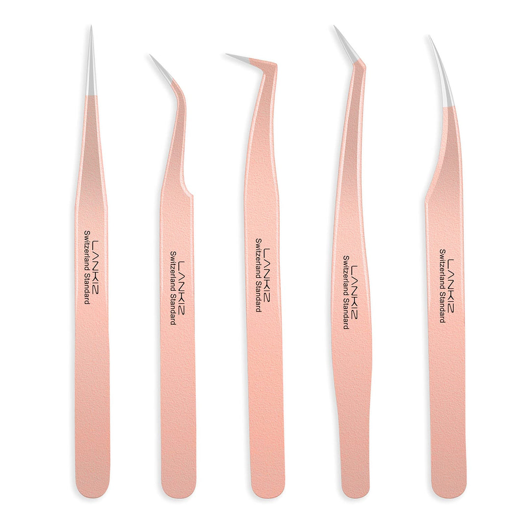 Lankiz Eyelash Extension Tweezers Set 5 Pcs For Eyelash Extensions Stainless Steel Lash Tweezers For Volume Lash Extensions-Rose