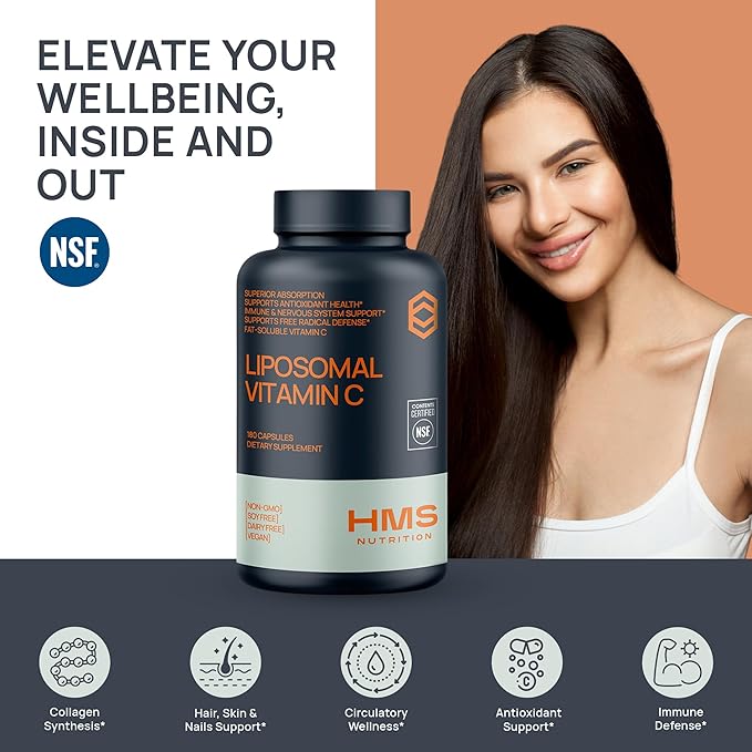 1600mg Liposomal Vitamin C, Fat Soluble VIT C, Higher Bioavailability Immune Support Supplement, Non-GMO Gluten Free NSF Certified Supplements, 180 Capsules