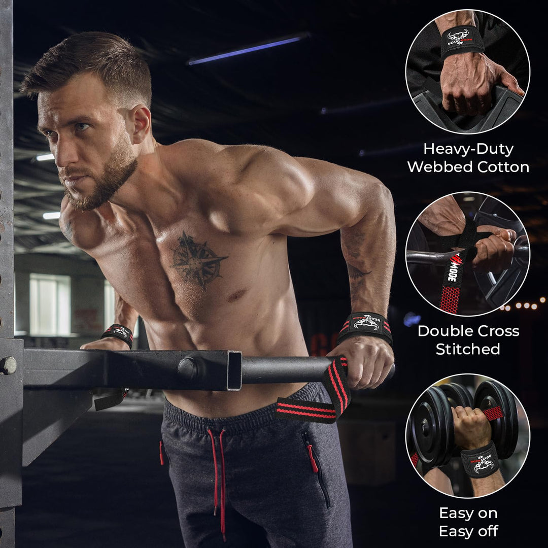 BEAST RAGE Lifting Wrist Straps for Weightlifting, Weight Lifting Straps Gym Power Workouts Lifting Straps Padded Cotton Men Women Supportive Lift Deadlift Straps Hard Pull Exercise Straps (Black / Red)