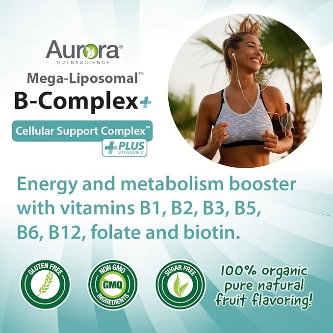 Aurora Nutrascience Mega-Liposomal B-Complex + Vitamin C, Supports Energy, Immune & Nervous System Health, Gluten Free, Non-GMO, Sugar-Free, Organic Fruit Flavor, 32 Servings, 16 Fl oz