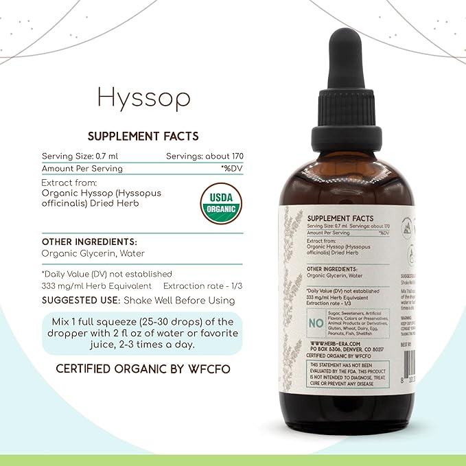 Hyssop B120 USDA Organic Tincture | Alcohol-Free Extract, High-Potency Herbal Drops | Certified Organic Hyssop (Hyssopus officinalis) Dried Root (4 oz)