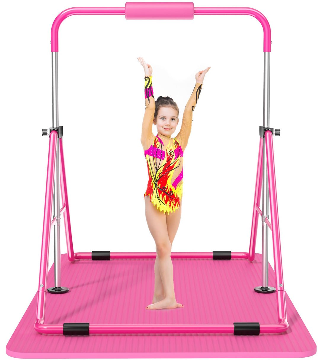 Safly Fun Expandable Gymnastics Bars Junior Training Bar Gymnastic Folding Horizontal Bars with Mat for Kids(Pink+Mat)
