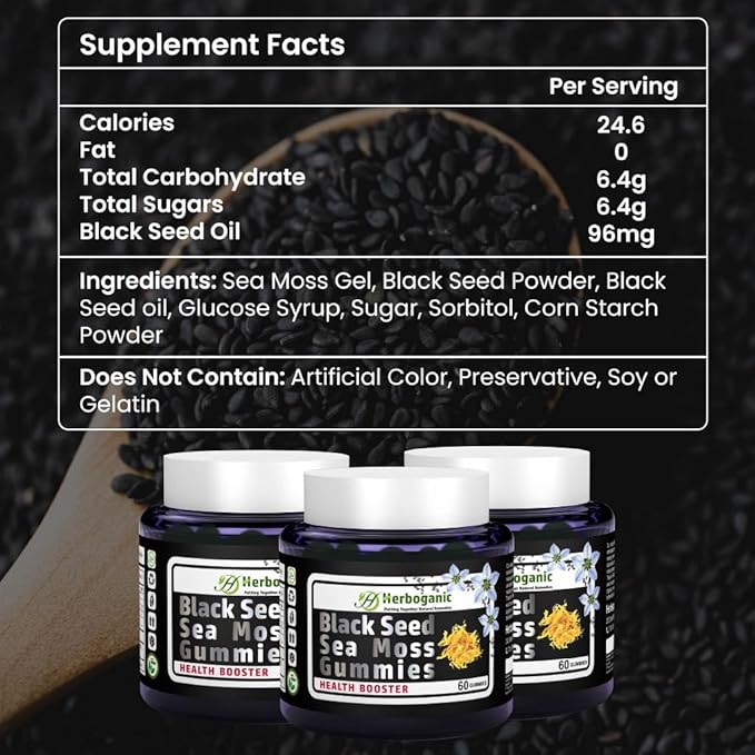 Black Seed Sea Moss Gummies - Natural Dietary and Herbal Supplement for Skin and Energy Support with Sea Moss, Boost Immune System - 60 Gummies
