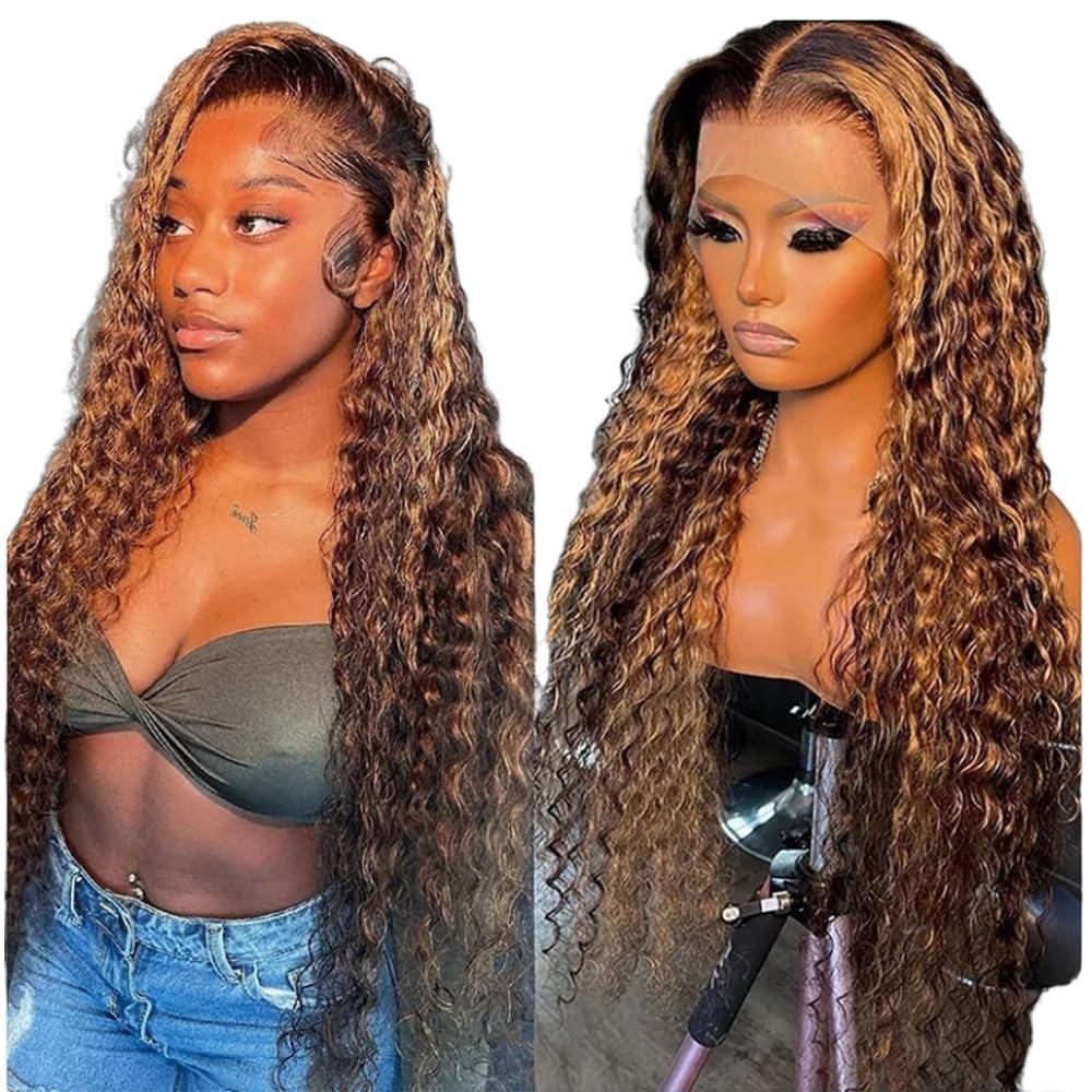 Chesma Honey Blonde 4/27 Ombre Lace Front Wig Human Hair 13x4 HD Highlight Deep Wave Lace Frontal Wigs Glueless Wigs Human Hair Pre Plucked with Baby Hair 180 Density(32inch)