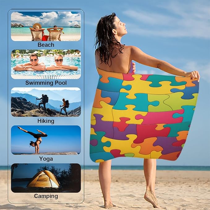 Colorful Jigsaw Puzzles Pattern Beach Towel Oversized Quick Dry Beach Blanket Microfiber Sand Free Absorbent Lightweight Bath Towel for Pool Travel Swimming Camping Women Men, 30" x 60"