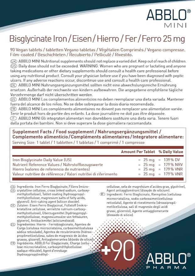 25mg. ABBLO Iron Bisglycinate is Very Gentle on The Stomach, and can be Taken with Food and Calcium Tablets.