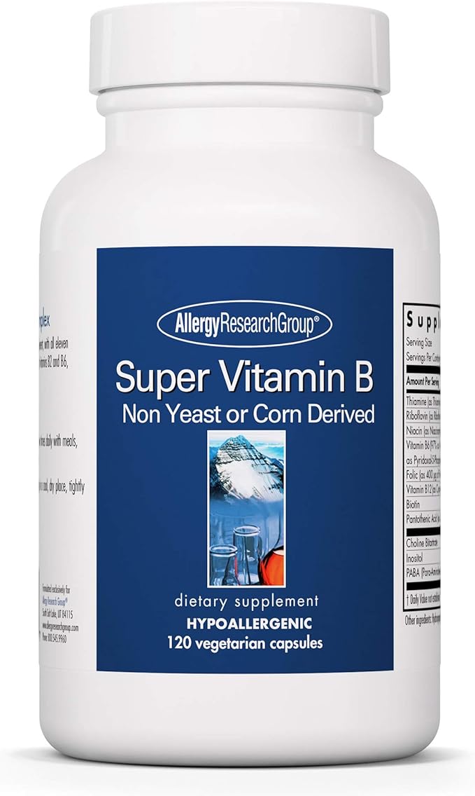 Allergy Research Group Super Vitamin B Complex - Vitamin B for Men & Women, Vitamin B Supplement, Vitamin B12, Vitamin B6, Vegetarian Capsules, Corn-Free, Yeast-Free - 120 Count