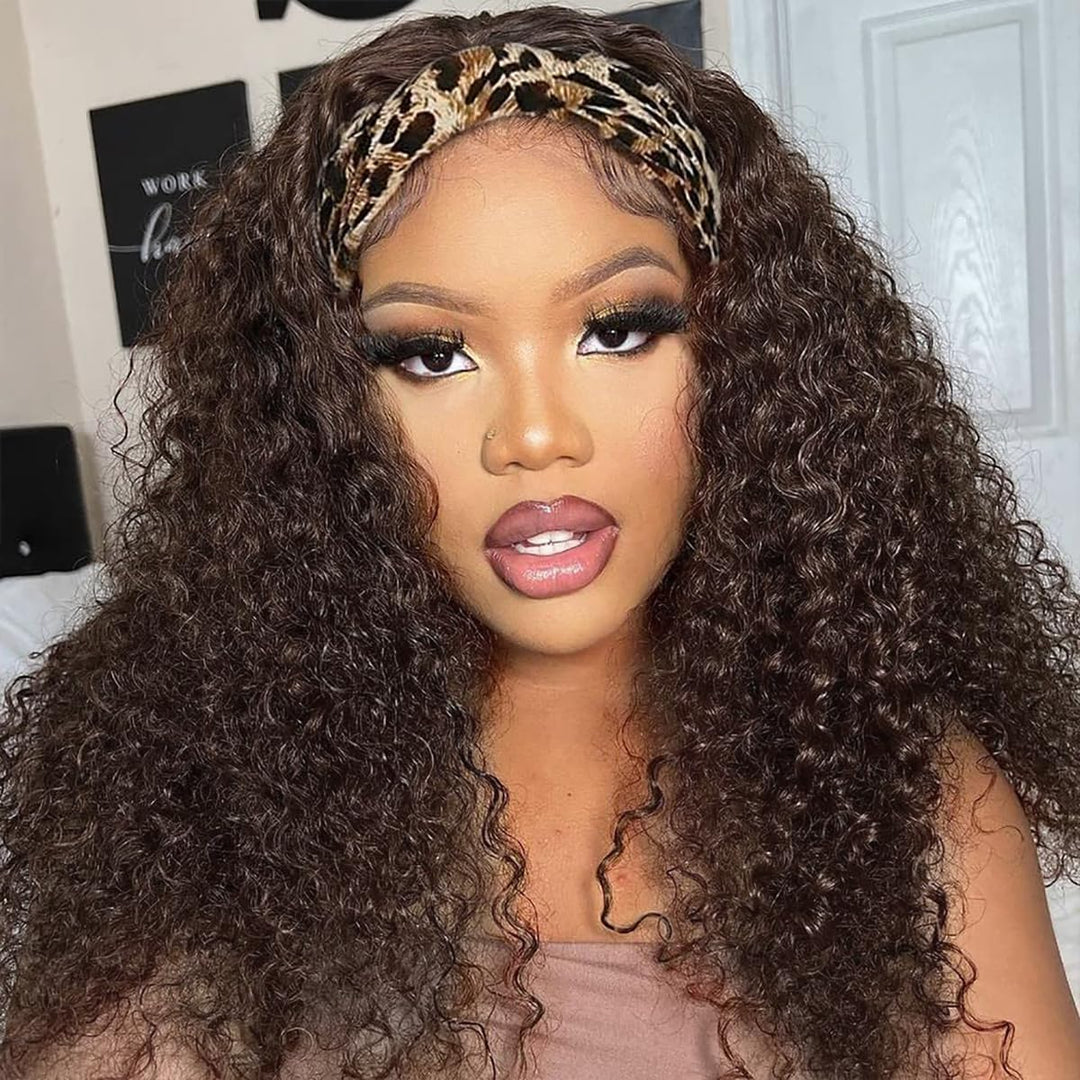 Celiarita Chocolate Brown Headband Wig Human Hair Deep Wave #4 Colored Machine Made None Lace Front Wigs Brazilian Virgin Curly