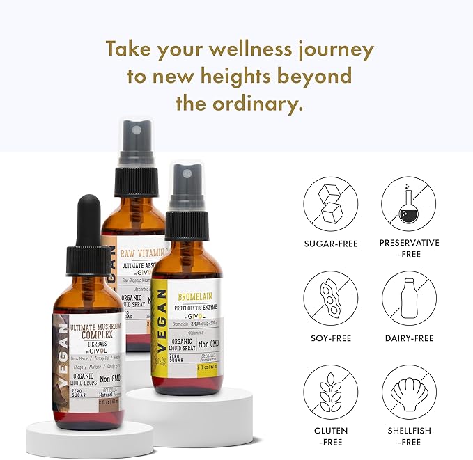 Inflammation Defense Bundle: Ultimate Mushroom Complex with Lions Mane, Reishi, Cordyceps & Chaga, Raw Vitamin C, and Bromelain | Non-GMO | Gluten-Free | Sugar-Free | 2 Fl Oz | 240-Days Supply