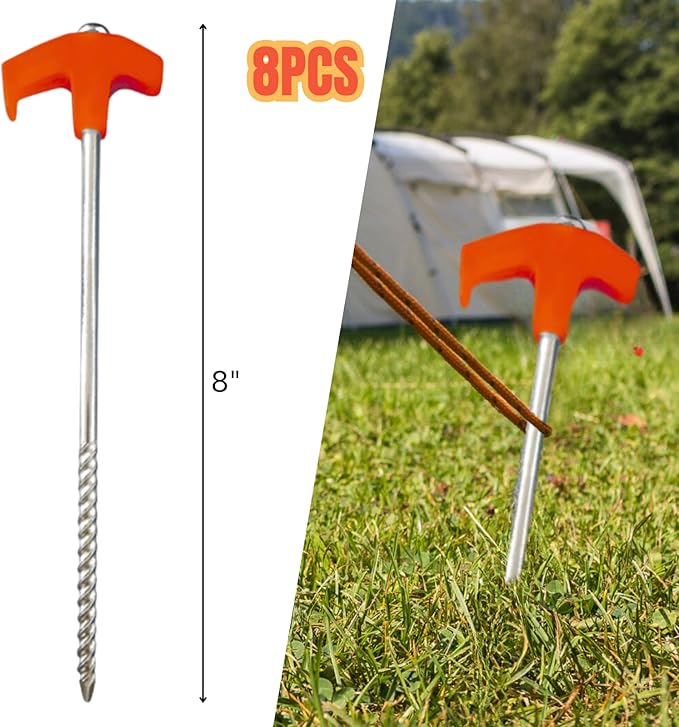 8Pcs Tent Stakes Heavy Duty Camping Stakes, 8" Non-Rust Metal Tent Pegs, Metal Threaded Tent Spikes, Tent Pegs Camping Stakes, Metal Tent Spikes for Outdoor Camping,Garden,Hiking