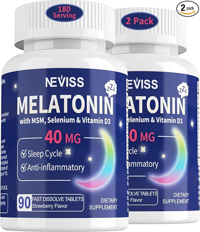 Melatonin 40 mg for Adults - Fast Dissolve & Chewable Sublingual Sleep Supplement - Extra Strength Melatonin with Vitamin D3 & MSM, Selenium for Health Rest Cycle, Deep Zzzs, Sugar-Free, 180 Servings