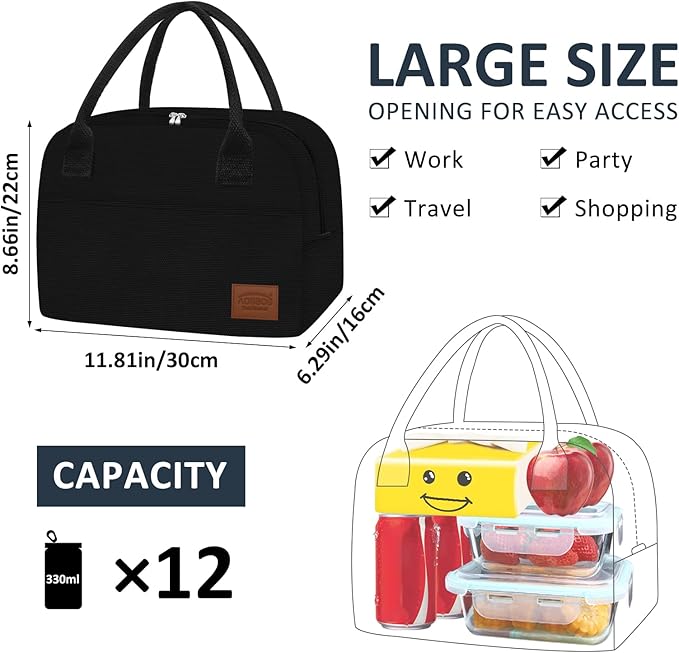 Aosbos Lunch Box for Women Lunch Bags for Adult Insulated Lunch Cooler Bag - Thermal Lunch Tote Lunch Boxes Reusable Meal Prep Containers Bag, Black