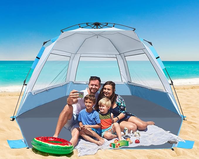 Beach Tent Instant Pop up Sun Shade Shelter for 4-6 Person with UV Protection，Extended Floor，3 Mesh Roll Up Windows with Carry Bag, Sandbags, Stakes(Sky Blue)