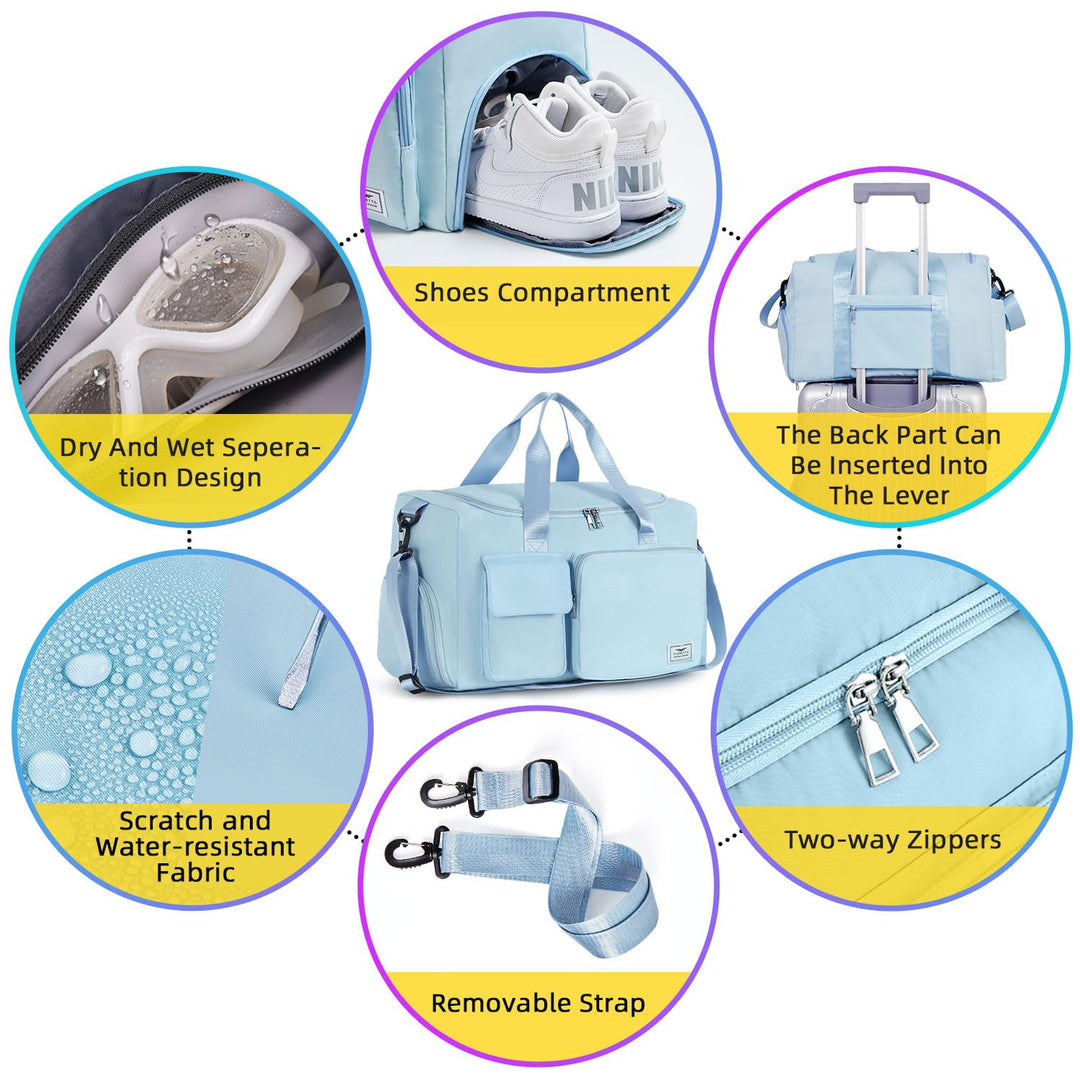 FIORETTO Women's Water-Resistant Gym Duffle Bag with Shoes Compartment, 37L Capacity, Multi-Functional, Ideal for Travel, Gym, Sports, Weekender, with Toiletry Bag, Light Blue