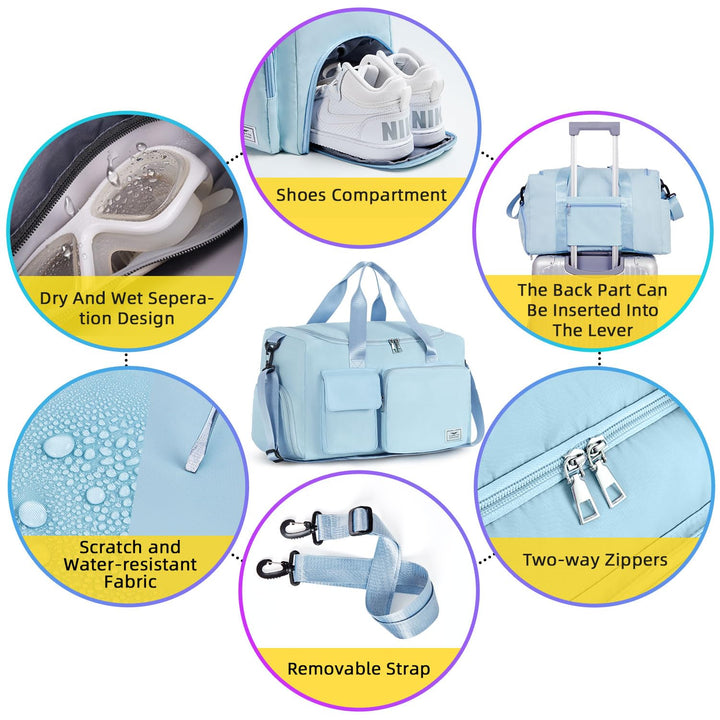 FIORETTO Women's Water-Resistant Gym Duffle Bag with Shoes Compartment, 37L Capacity, Multi-Functional, Ideal for Travel, Gym, Sports, Weekender, with Toiletry Bag, Light Blue
